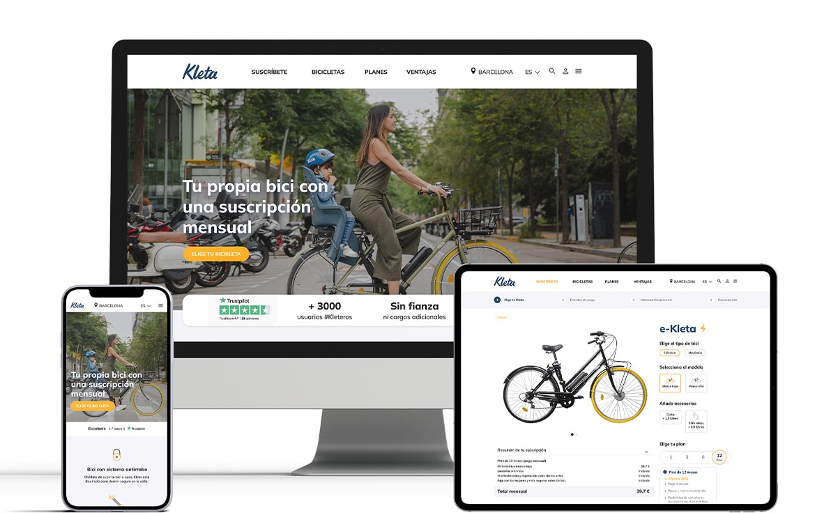 Kleta website shown across desktop, tablet, and mobile, with a mother and child riding a rental bike
