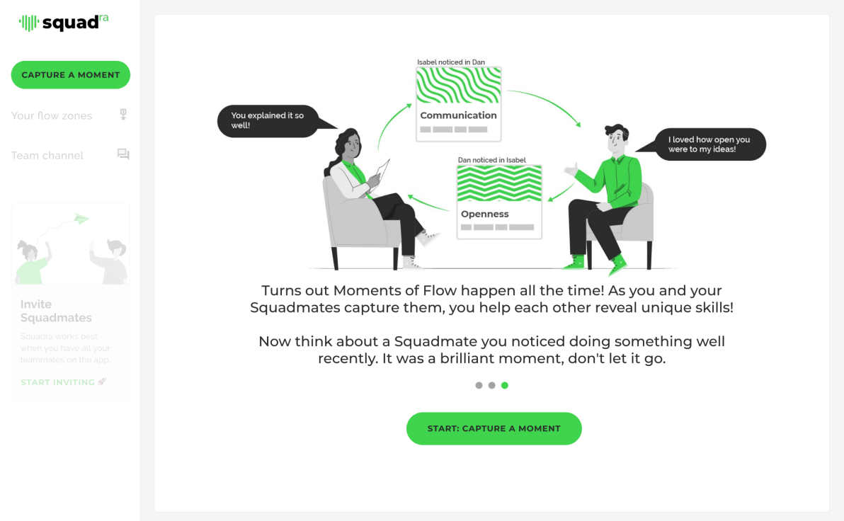 Squadra app illustration of two colleagues recognizing each other's "Communication" and "Openness" moments