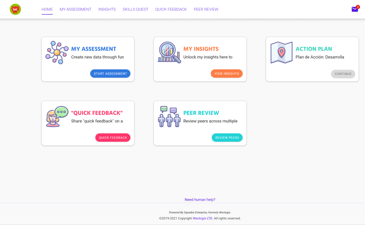 Squadra Enterprise home dashboard with My Assessment, My Insights, Action Plan, Quick Feedback, and Peer Review cards
