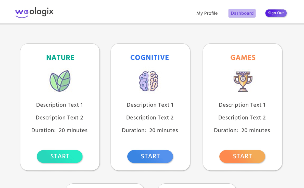 Weologix assessment dashboard with Nature, Cognitive, and Games activity cards