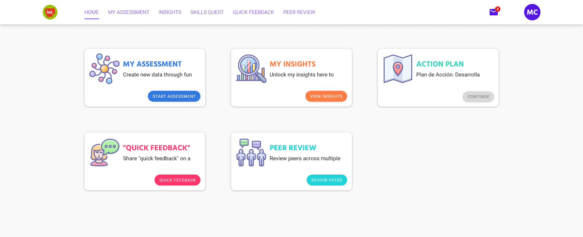 Squadra Enterprise home dashboard, signed in as a user, showing the same assessment and feedback cards