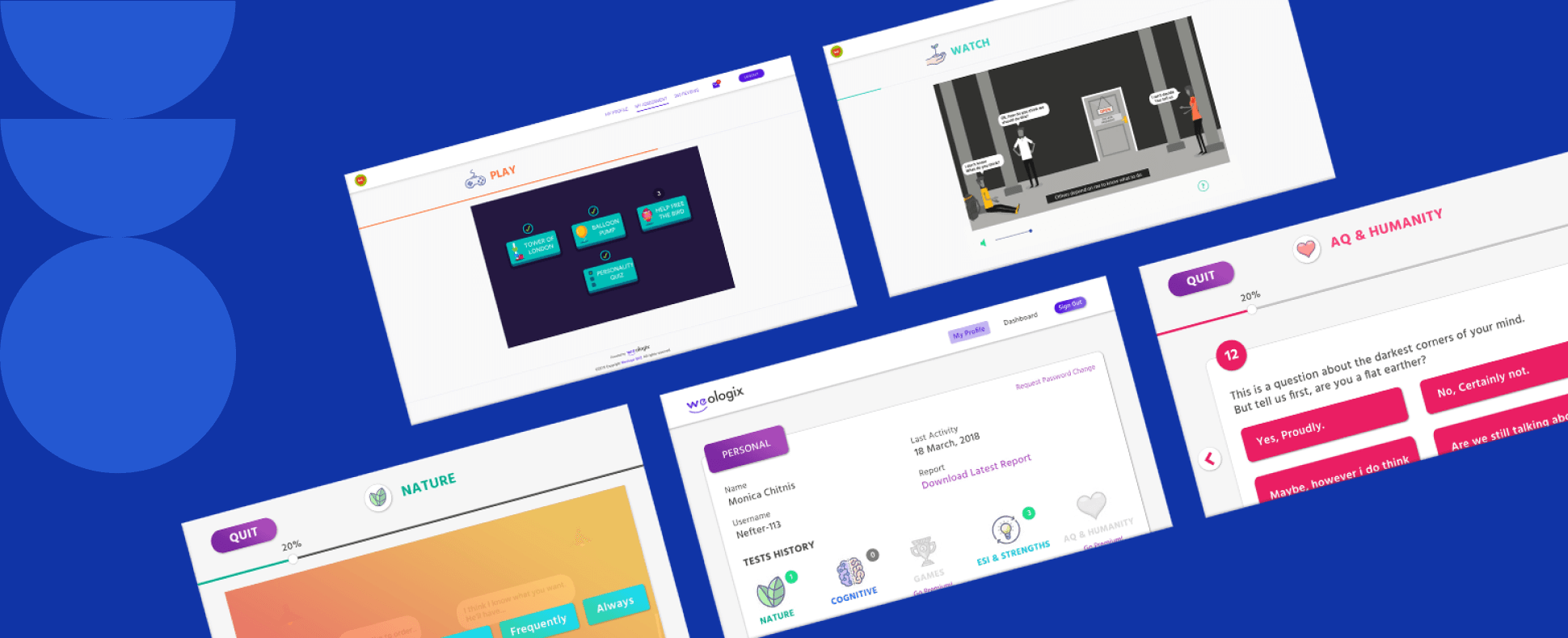 Collage of Weologix assessment screens: the Play mini-game selector, an interactive Watch scenario, and a personal profile summary