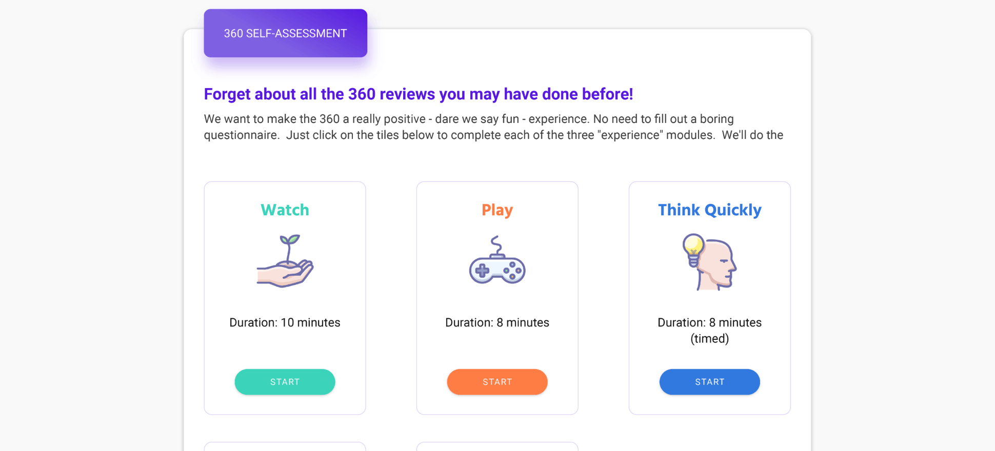 Weologix 360 self-assessment screen with Watch, Play, and Think Quickly activity cards