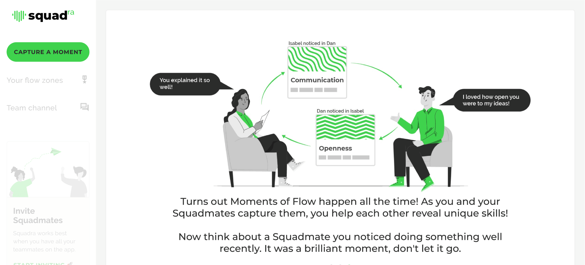 Squadra app screen prompting a user to capture a moment of recognition for a squadmate