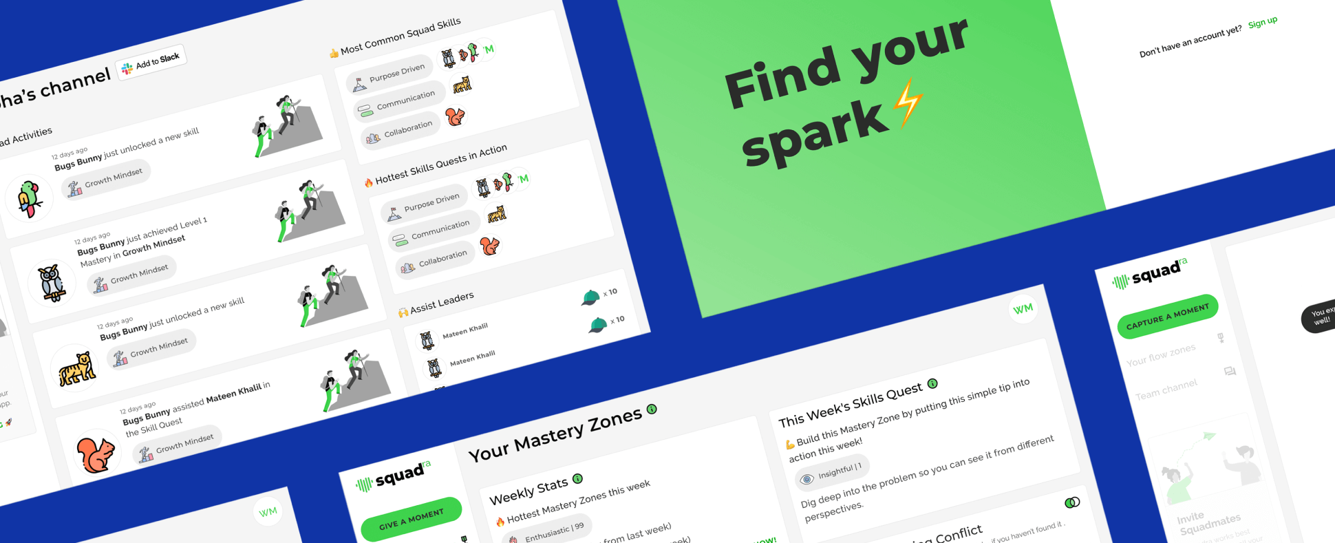 Collage of Squadra screens: a Slack activity feed, the "Find your spark" landing screen, and a team mastery-zones dashboard