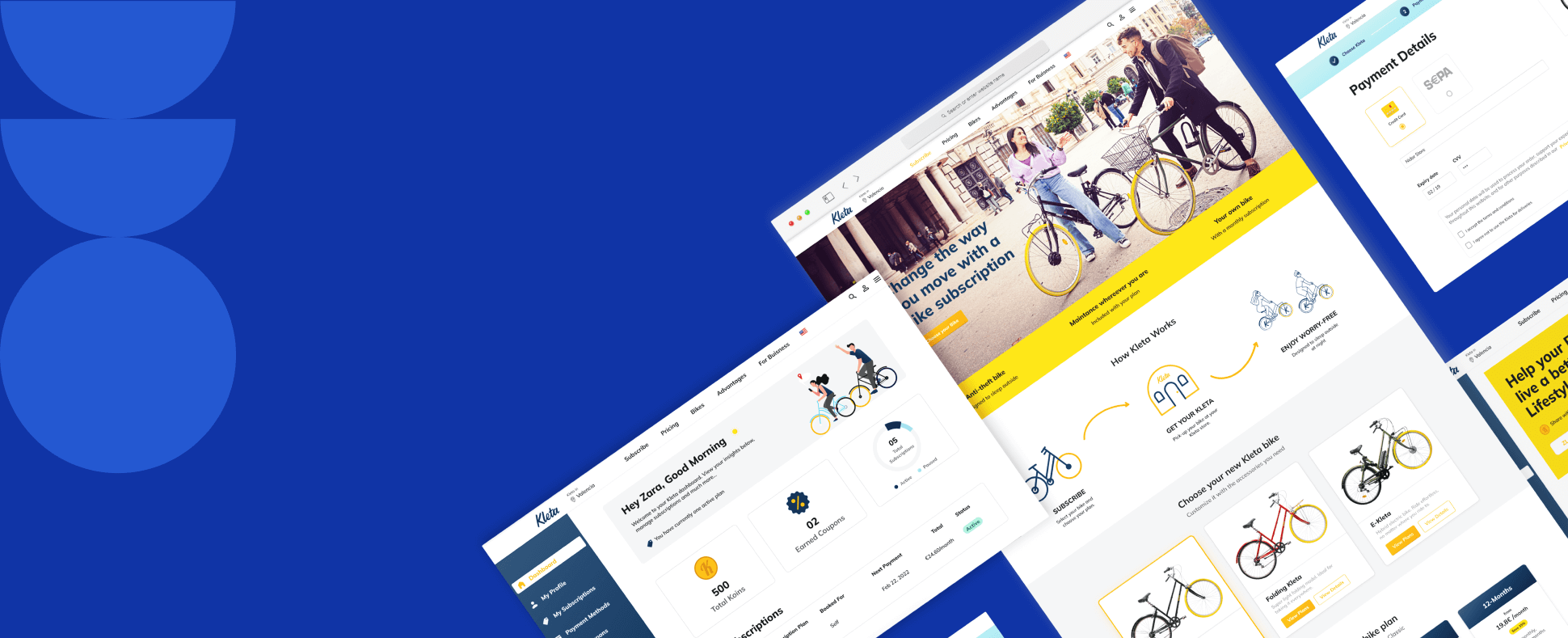 Collage of Kleta screens: the subscription homepage, a payment-details form, and an account dashboard