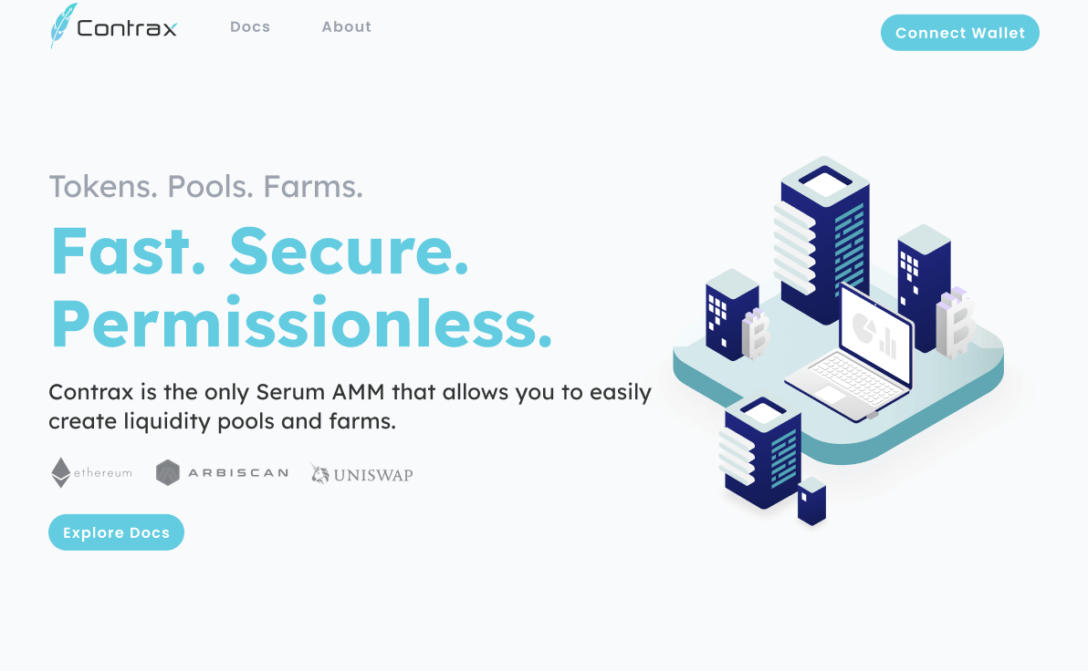 Contrax homepage hero, with the "Fast. Secure. Permissionless." tagline and an isometric illustration of a trading dashboard
