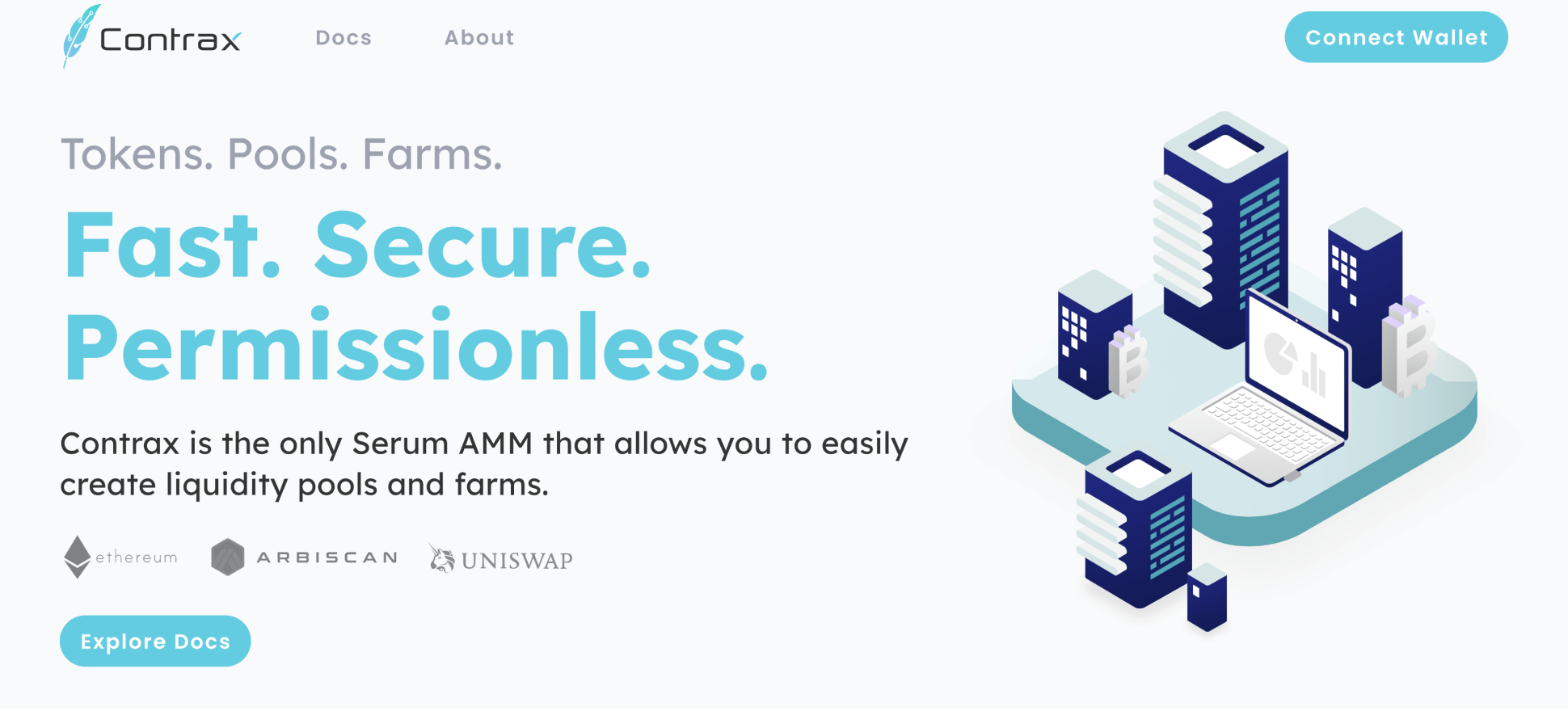 Contrax homepage hero showing the "Tokens. Pools. Farms." tagline, supported protocol logos, and an isometric dashboard illustration