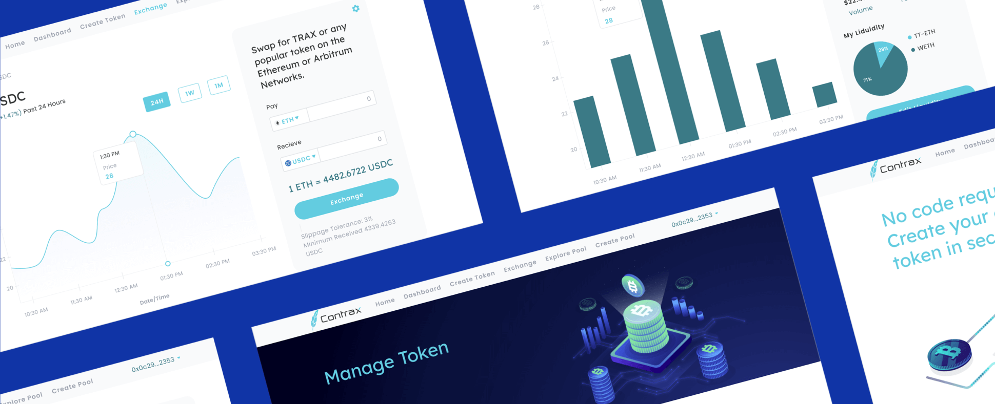 Collage of Contrax app screens: the token swap exchange, a 24-hour price chart, a liquidity breakdown, and the token-management dashboard