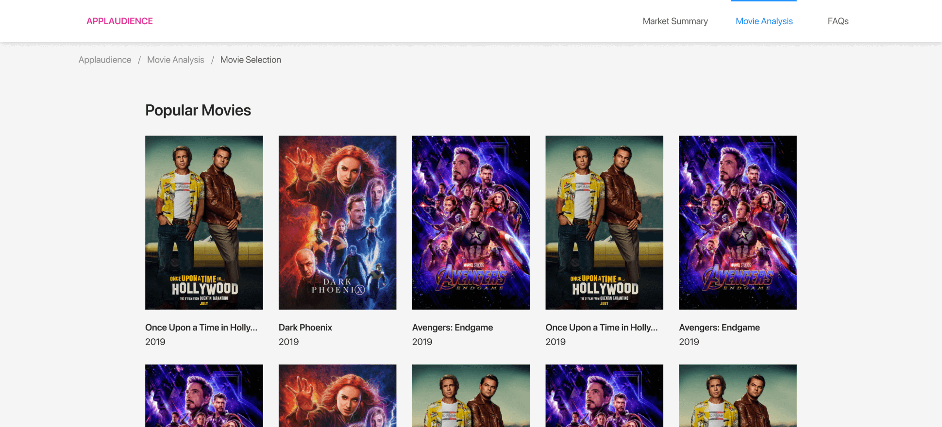 Applaudience dashboard showing the Popular Movies grid used to select a title for analysis