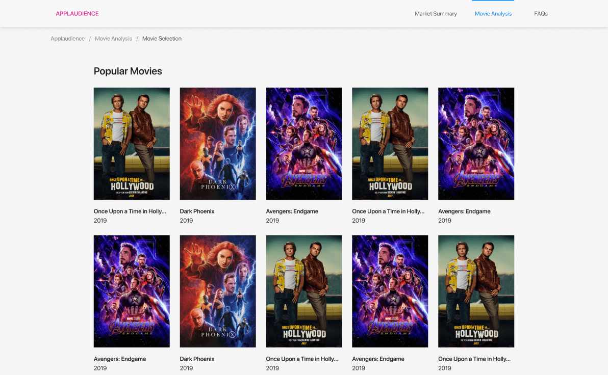 Applaudience dashboard — Popular Movies grid with movie posters and release years
