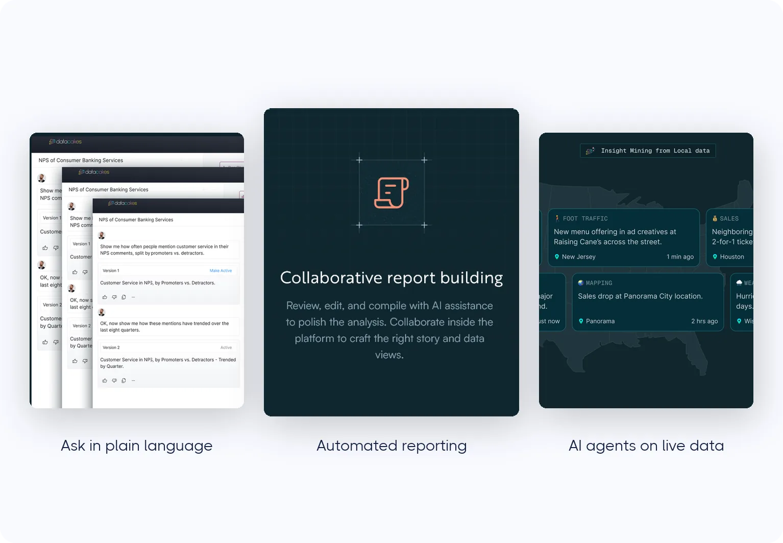 Datacakes product screens: a plain-language question thread, automated report building and AI agent alerts on local data