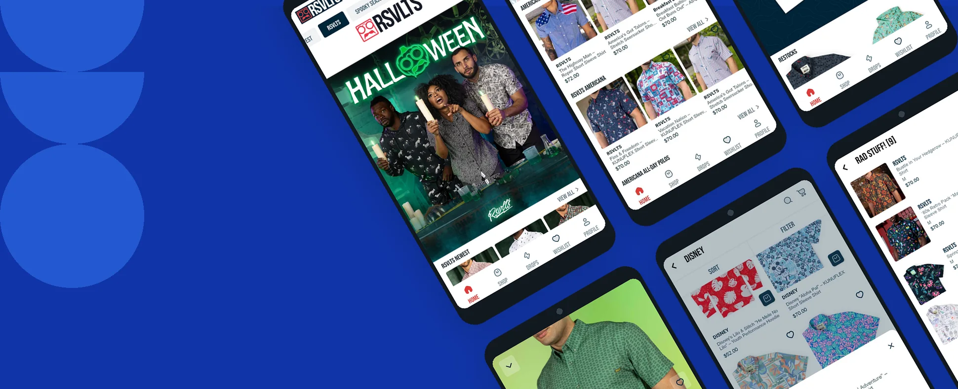 RSVLTS app screens: home feed, Americana collection, restock drop, product page, quick add size picker, and wishlist