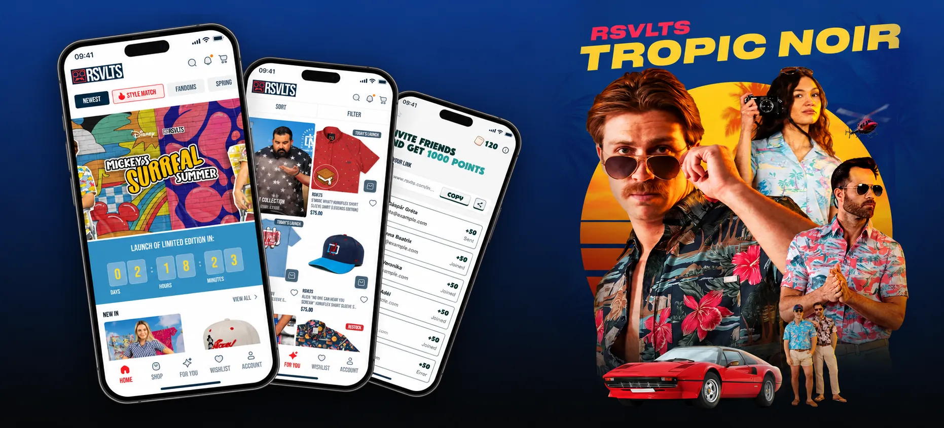 RSVLTS Tropic Noir Summer 2026 campaign beside the RSVLTS app on three phones, showing a limited-edition launch countdown