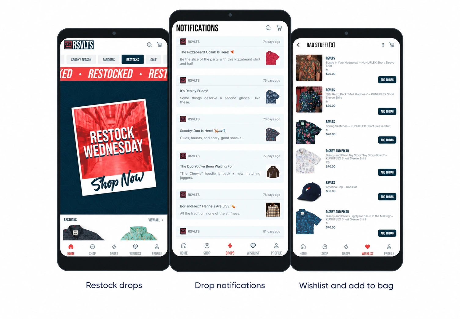 RSVLTS app drop features: restock banner, notifications inbox, and wishlist with add to bag