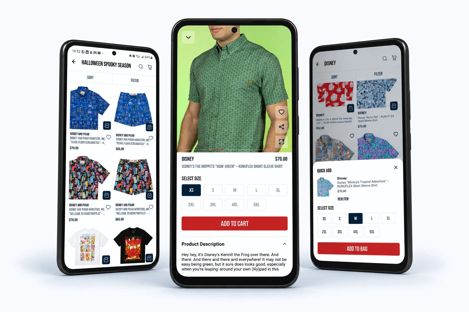 RSVLTS app on three phones: a collection list, a product page with live size availability and Add to Cart, and the quick add size picker